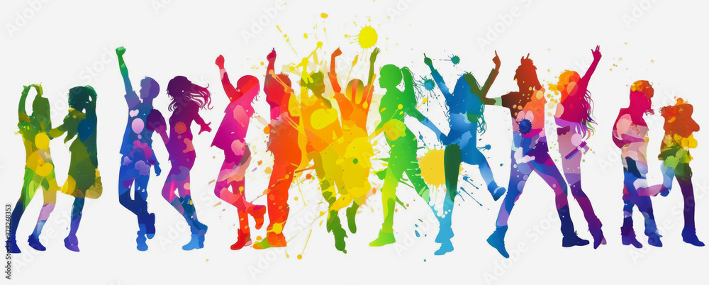 Colorful silhouettes of people dancing with paint splatter background Colorful silhouettes of people dancing with paint splatter background