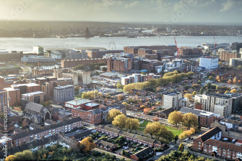 Obraz na płótnie Aerial View of Liverpool Looking Towards the Docks, UK. w salonie