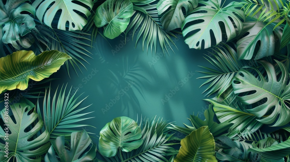 Lush Greenery 3D Illustration with Palm, Monstera, and Fern Leaves on Solid Background