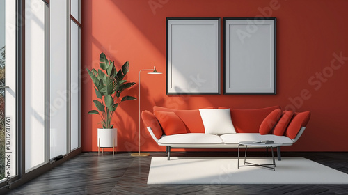 Modern Living Room with Red Accents and Minimalist Decor
