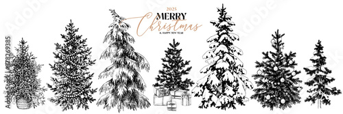 Christmas trees monochrome hand sketched set