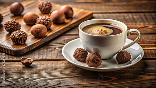 A close-up shot of a freshly brewed cup of coffee paired with decadent chocolate truffles , coffee, chocolate, espresso