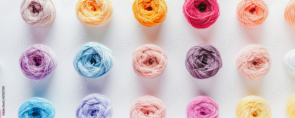 Colorful yarn balls arranged in rows on white background