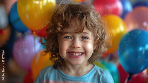 A cute child with a big smile, holding a colorful balloon at a birthday party, radiating joy and excitement