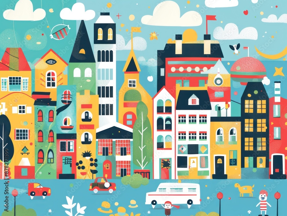 Colorful Cityscape Illustration with Buildings, Cars and People