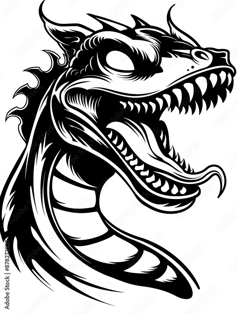 A black and white drawing of a dragon with a menacing look on its face. The dragon has a long tongue sticking out of its mouth and its eyes are wide open. Scene is dark and ominous A black and white drawing of a dragon with a menacing look on its face. The dragon has a long tongue sticking out of its mouth and its eyes are wide open. Scene is dark and ominous
