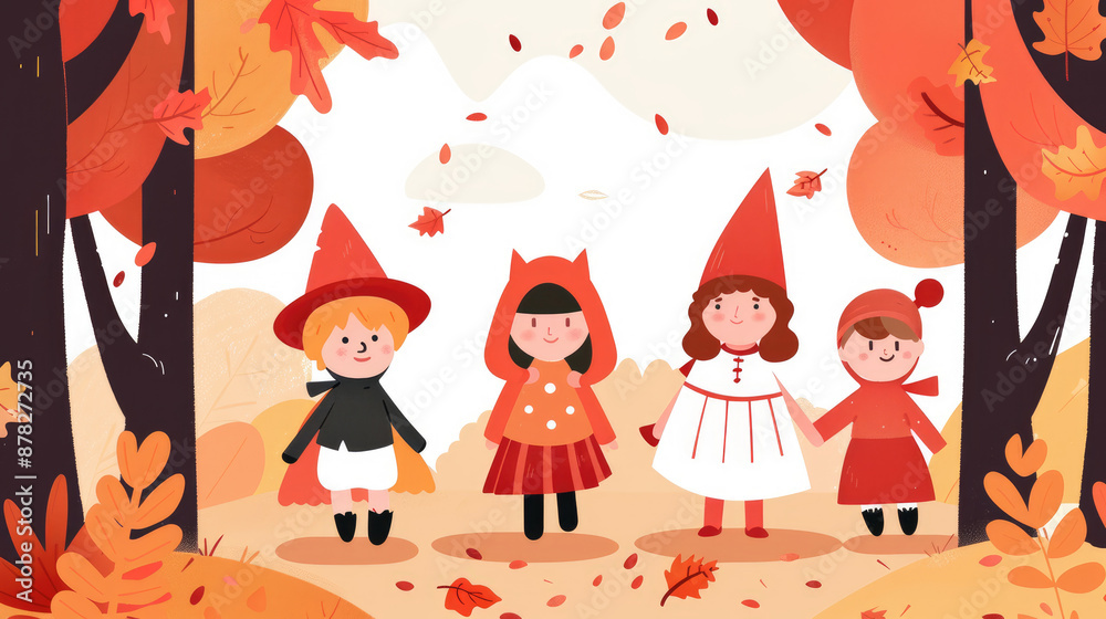 Fototapeta premium Children in costumes walking on autumn forest path, flat design concept.