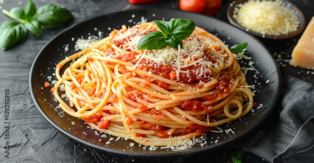 Close-up of a plate of Italian pasta with spices, spicy herbs and tomato sauce and parmesan on a dark kitchen background, perfect for a healthy food recipe website or cooking school website Close-up of a plate of Italian pasta with spices, spicy herbs and tomato sauce and parmesan on a dark kitchen background, perfect for a healthy food recipe website or cooking school website