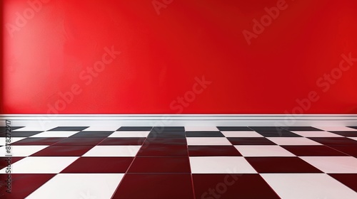 Red wall and black white floor with space for texts