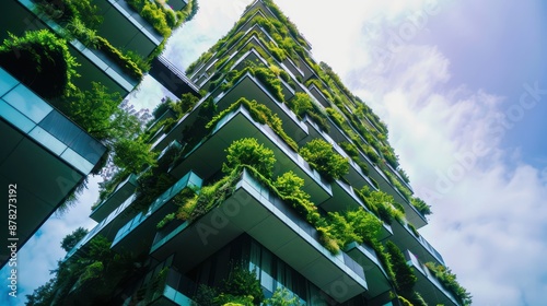 Green building with plants growing on the facade. Ecology and green living in city