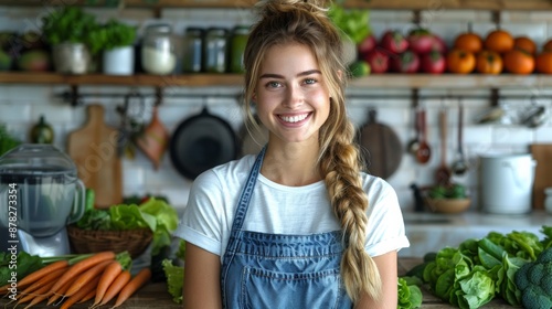 attractive smiling woman with long blode hair and tied in ponytail, wearing a white t-shirt, jeans, and a blue apron. photo