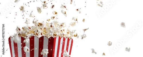 A cup of popcorn with red and white striped, flying out from a paper bag isolated on a white background