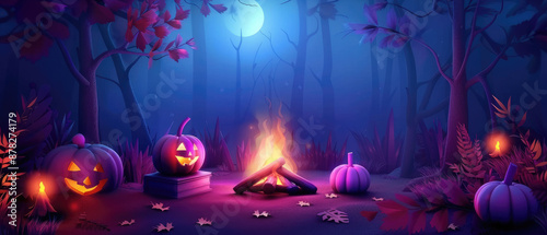 Flat design Halloween bonfire on autumn night scene