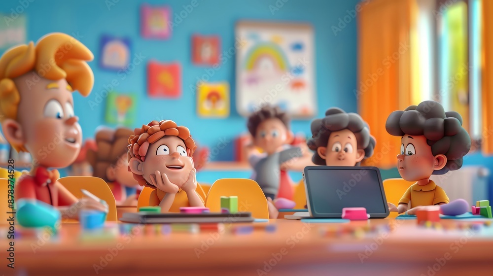 Fototapeta premium Students using educational apps on tablets, colorful classroom setting, and a focus on interactive learning methods