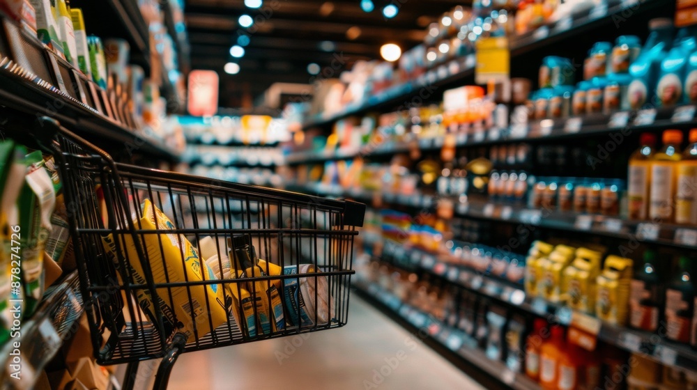 Shopping Cart in Aisle of Modern Grocery Store Shopping Cart in Aisle of Modern Grocery Store