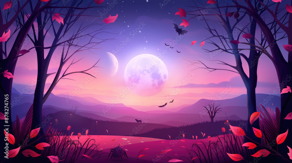 Flat design Halloween night with full moon and autumn trees Flat design Halloween night with full moon and autumn trees