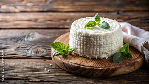 Riccota goat cheese on rustic wooden background from private farm, Riccota, goat cheese, dairy product, rustic photo