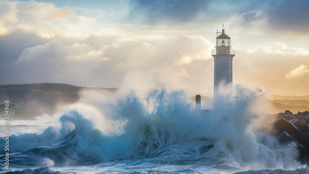 Beacon of Hope: A Majestic Lighthouse Enduring the Powerful Ocean Waves at Sunrise Beacon of Hope: A Majestic Lighthouse Enduring the Powerful Ocean Waves at Sunrise