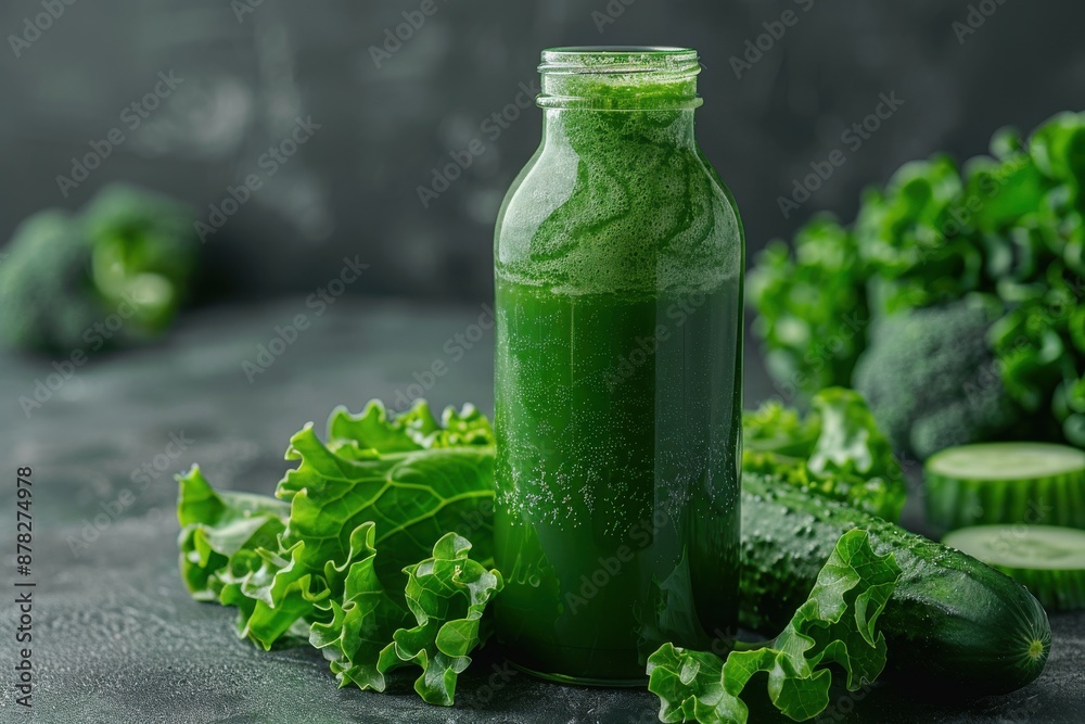 A bottle of green vegetable juice surrounded by fresh lettuce and cucumber on a dark, textured background, emphasizing health and freshness.
A bottle of green vegetable juice surrounded by fresh lettuce and cucumber on a dark, textured background, emphasizing health and freshness.