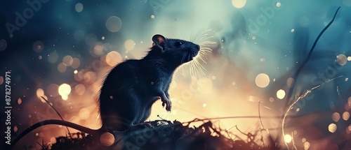 A black rat silhouetted against a bokeh background of light and color.