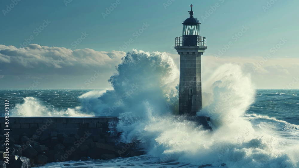 Beacon of Hope: A Majestic Lighthouse Enduring the Powerful Ocean Waves at Sunrise Beacon of Hope: A Majestic Lighthouse Enduring the Powerful Ocean Waves at Sunrise