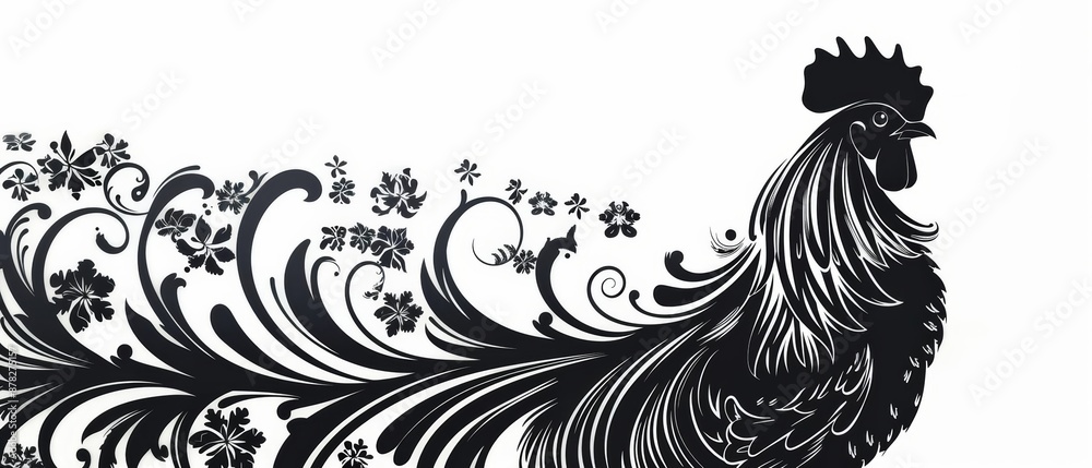 Black and white silhouette of a rooster with ornate floral details. Black and white silhouette of a rooster with ornate floral details.