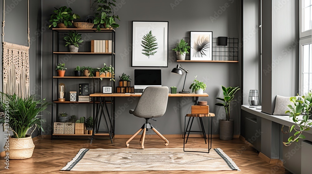 Minimalist Home Office Interior with Greenery and a Grey Color Palette Minimalist Home Office Interior with Greenery and a Grey Color Palette