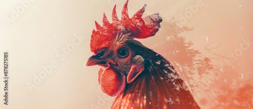 Close up portrait of a rooster with bright red comb. photo