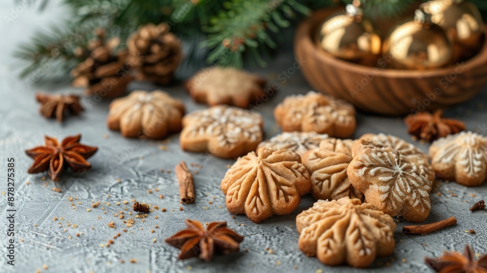 Fototapeta premium Christmas cookies shaped like walnuts with condensed milk filling on a gray table with space for text Traditional Russian dessert oreshki Vertical shot