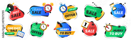 Last time offer badge vector set. Sale promo stickers with alarm clock, calendar, stopwatch, hourglass and megaphone. Hot sales, special deal and hurry to buy icons. Discount labels, final day logos.