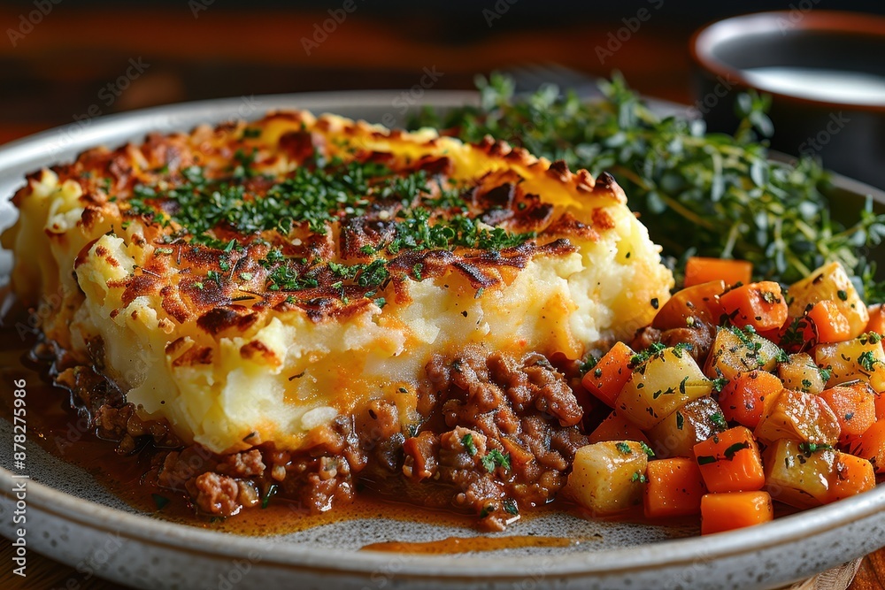 A plate of shepherd's pie, topped with a golden layer of mashed potatoes, served with a side of steamed vegetables. A plate of shepherd's pie, topped with a golden layer of mashed potatoes, served with a side of steamed vegetables.