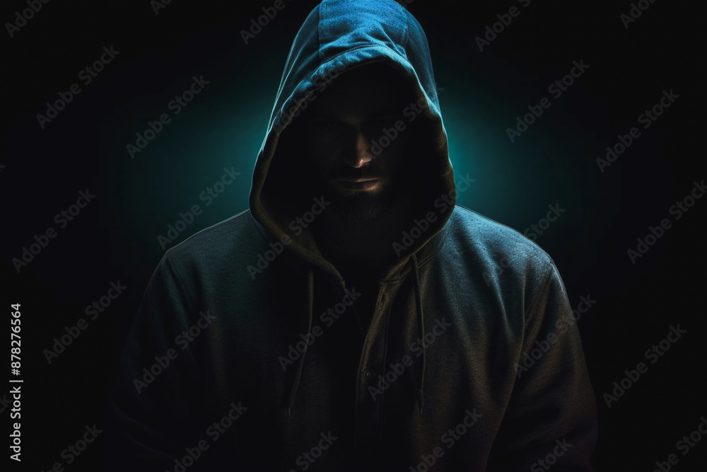 Man in a hoodie on his head and a darkened face on a dark background, generative ai Man in a hoodie on his head and a darkened face on a dark background, generative ai