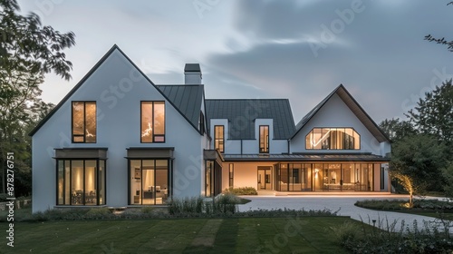 Modern suburban farmhouse with a unique architectural design, featuring asymmetric roofs and large, angular windows