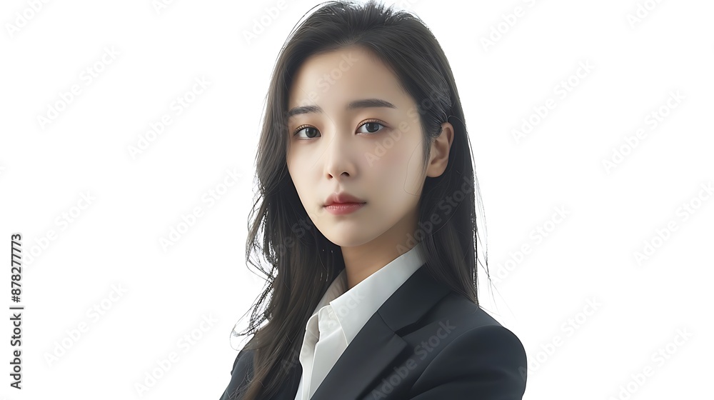 Asian woman, Korean makeup, straight hair, office suit, clean pose, isolated on white background. 32k, full ultra HD, high resolution Asian woman, Korean makeup, straight hair, office suit, clean pose, isolated on white background. 32k, full ultra HD, high resolution