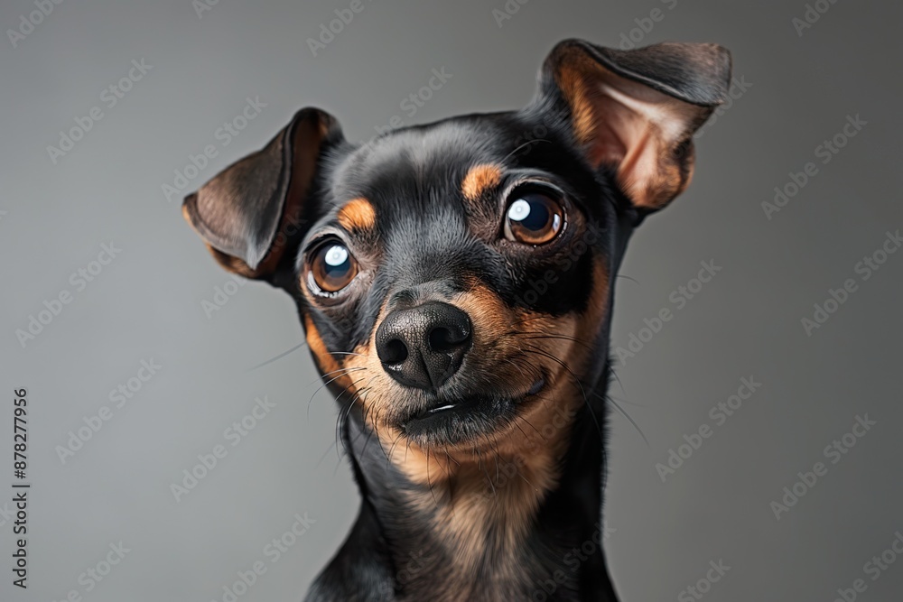 Portrait of cute miniature pinscher dog, isolated on grey background. Portrait of cute miniature pinscher dog, isolated on grey background.
