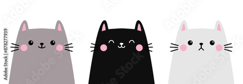 Cat set. White Black Gray kitten kitty face head icon. Funny kawaii doodle animal. Cute cartoon funny baby character. Pet collection. Line banner. Flat design. Isolated. White background. Vector