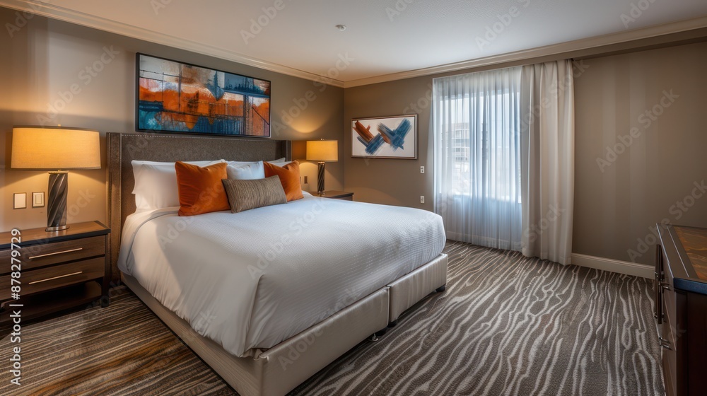 Elegant hotel room with comfortable king-size bed and modern decor. Elegant hotel room with comfortable king-size bed and modern decor.