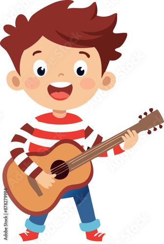 Happy cartoon boy playing acoustic guitar and smiling widely