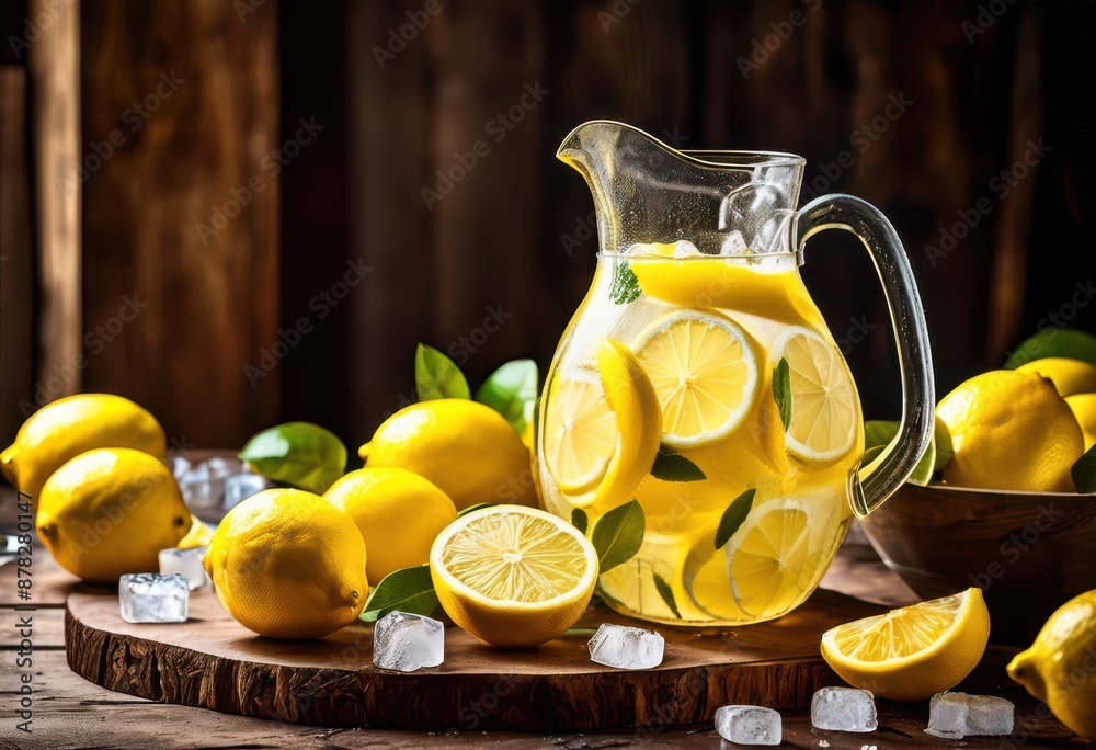refreshing lemonade pitcher wooden table sliced lemons ice summertime drink concept, cubes, refreshment, beverage, citrus, cold, glass, homemade, yellow, setting refreshing lemonade pitcher wooden table sliced lemons ice summertime drink concept, cubes, refreshment, beverage, citrus, cold, glass, homemade, yellow, setting
