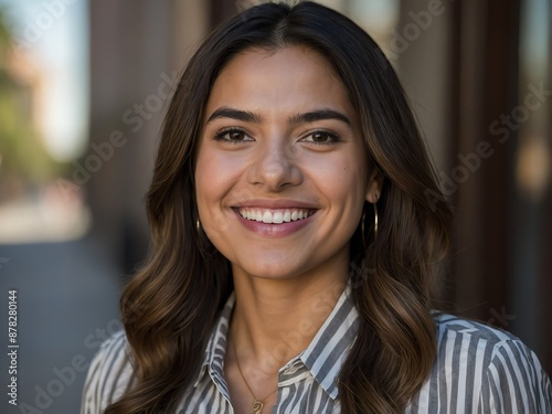 young confident professional hispanic woman smiling on camera closeup portrait shot