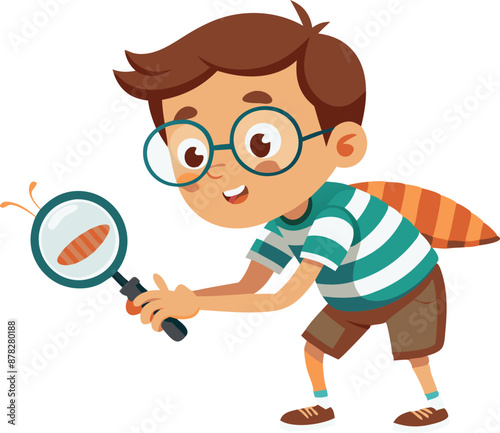 Curious boy with magnifying glass exploring nature and insects on white background