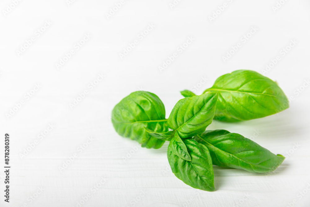 Fototapeta premium Green basil leaves on a textured wooden background. Kitchen herbs, spices. Fresh green organic basil. Vegan. Greens for salad. Place for text. Copy space.