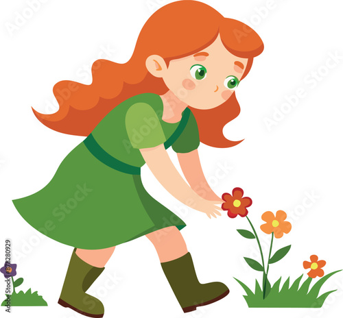 Illustration of a girl in a green dress picking flowers in a garden
