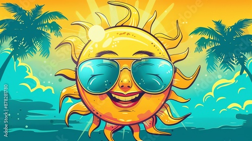 A cartoon sun wearing sunglasses smiles at the beach.