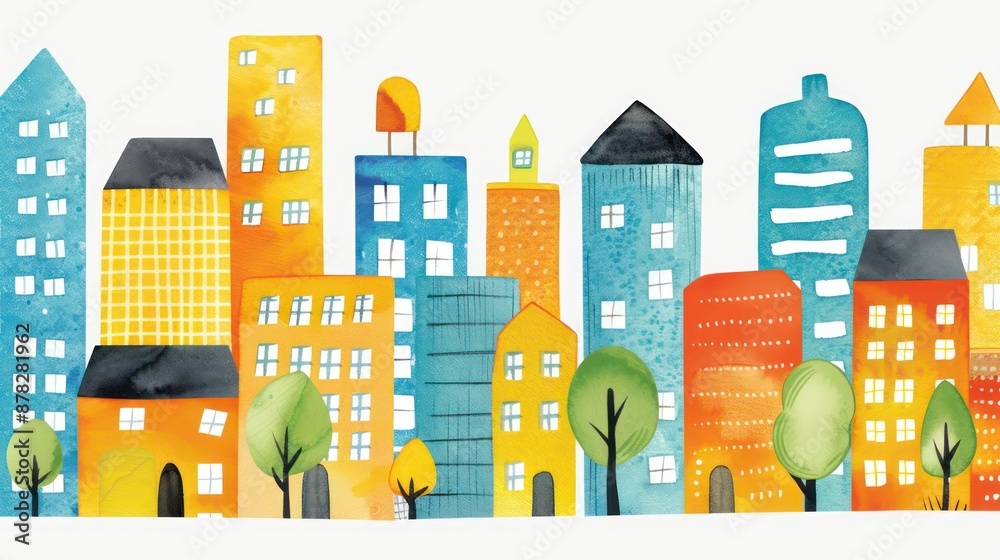 Colorful whimsical cityscape with various building shapes and trees. Colorful whimsical cityscape with various building shapes and trees.