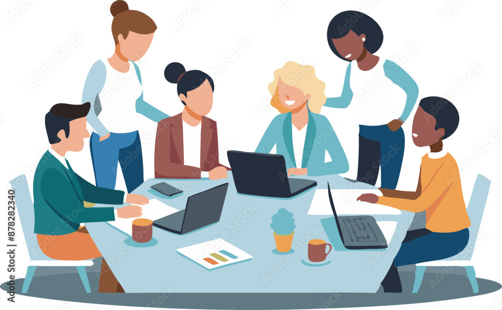Diverse team collaborating at work, discussing ideas around a table with laptops and documents Diverse team collaborating at work, discussing ideas around a table with laptops and documents