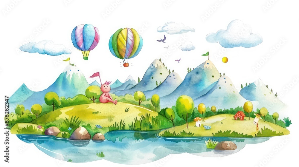 Naklejka premium Whimsical Landscape with Hot Air Balloons and a Cute Teddy Bear