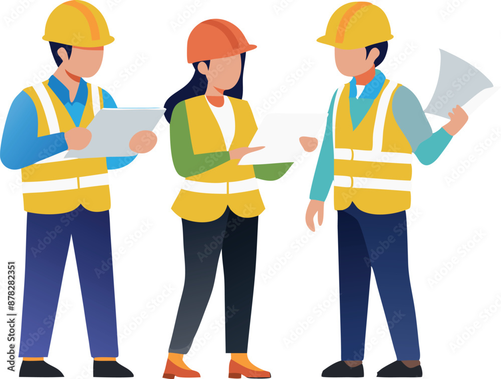 Construction workers in safety helmets and vests discussing plans and holding documents Construction workers in safety helmets and vests discussing plans and holding documents