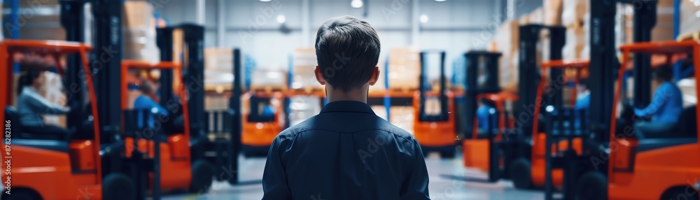 Worker inspecting a warehouse with multiple forklifts. Industrial setting, modern logistics, and efficient storage solutions. Worker inspecting a warehouse with multiple forklifts. Industrial setting, modern logistics, and efficient storage solutions.