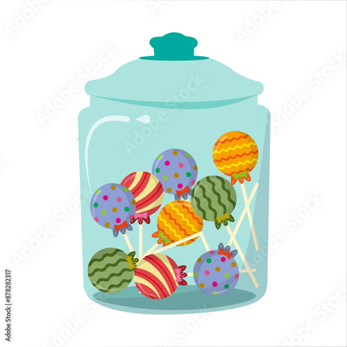 Vector lollipop candy in jar. Colorfull candies. Valentine. Halloween. 